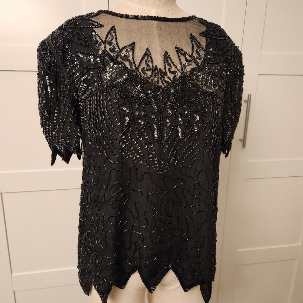 Women's Black Beaded Mesh Evening Blouse
